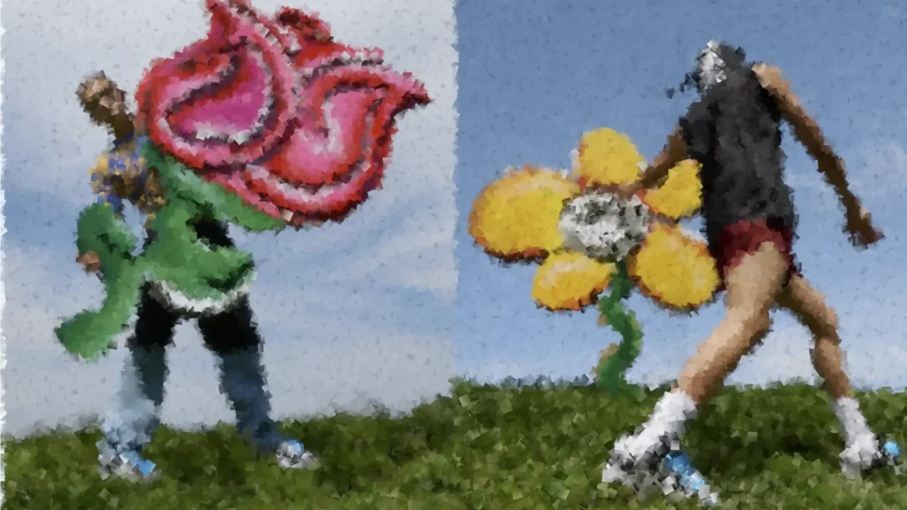 Men Standing with flowers under a blue sky on green grass wearing the adidas campus 00 custom designed for NFT artist fewocious